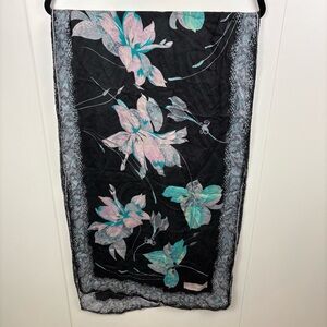 Vintage Vita Seta Silk Scarf Black Winter Floral Pink Blue Rolled Edges Orchid